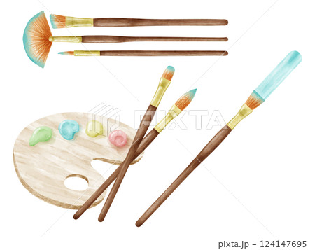 絵の具の筆とパレットのイラストセット 124147695