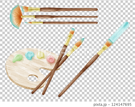 絵の具の筆とパレットのイラストセット 124147695