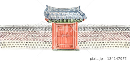 Korean style gate with stone walls, watercolor illustration. Hand drawn design element perfect for cards, landscape design, border, stickers, banners, wallpaper. Traditional architecture. Tiled roof 124147975