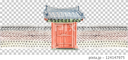 Korean style gate with stone walls, watercolor illustration. Hand drawn design element perfect for cards, landscape design, border, stickers, banners, wallpaper. Traditional architecture. Tiled roof 124147975