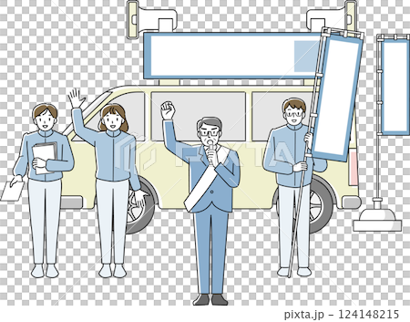 一名男性候選人在競選車前發表街頭演講 124148215