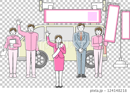 選挙カーの前で街頭演説をする女性候補者 選挙カーの前で街頭演説をする女性候補者 124148218
