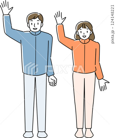 笑顔で手を振る女性と男性 124148221