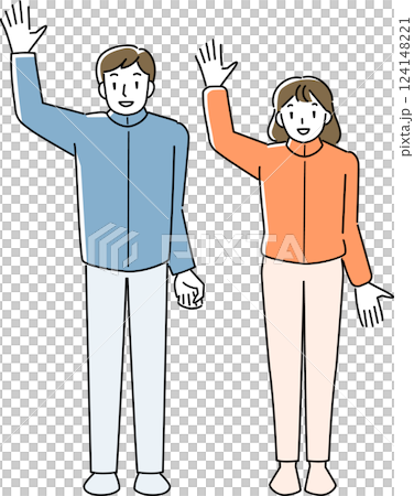 笑顔で手を振る女性と男性 124148221