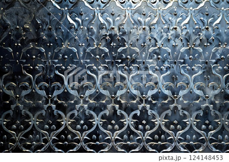 Intricate Ironwork. Patterned, textured, and decorated with a repeating motif, iron texture. 124148453