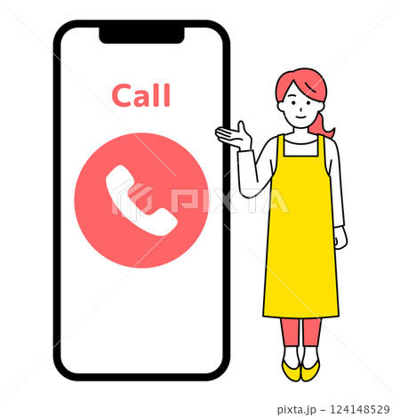 通話画面が表示されたスマートフォンとエプロン姿の女性 124148529