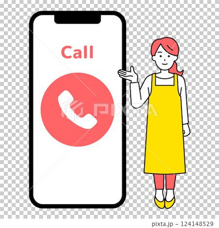 通話画面が表示されたスマートフォンとエプロン姿の女性 124148529