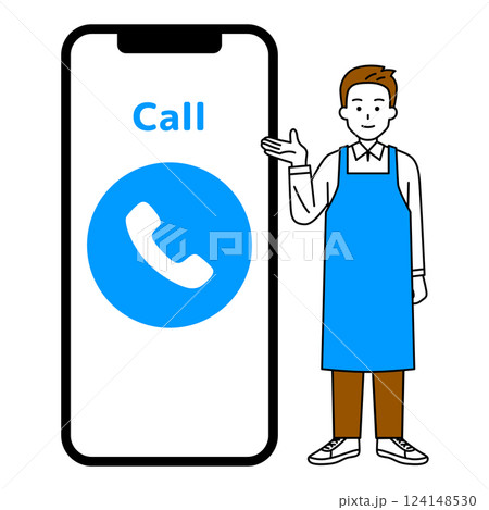 通話画面が表示されたスマートフォンとエプロン姿の男性 124148530