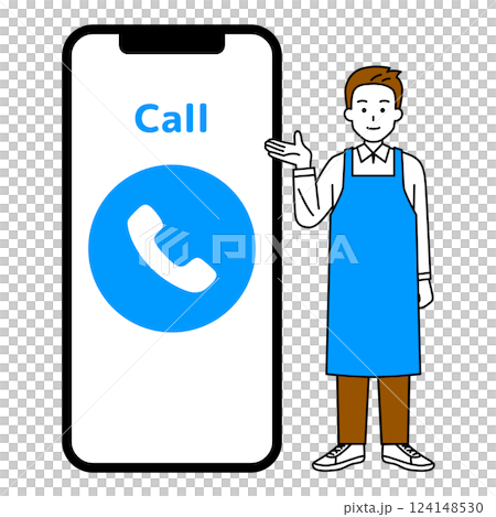 通話画面が表示されたスマートフォンとエプロン姿の男性 124148530