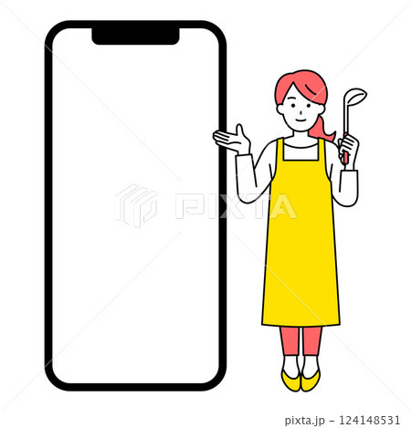 空白の画面のスマートフォンとおたまを持つエプロン姿の女性 124148531