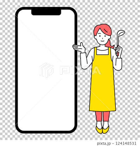 空白の画面のスマートフォンとおたまを持つエプロン姿の女性 124148531