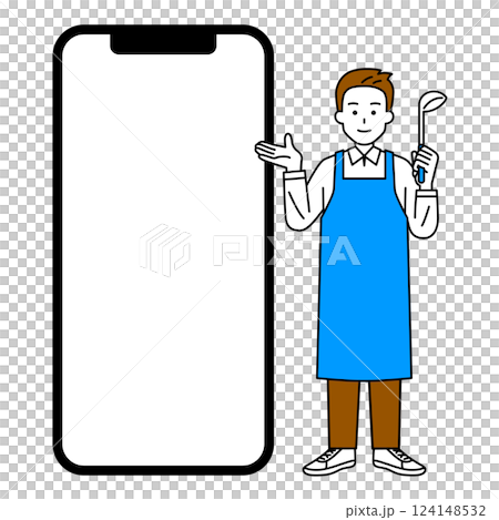 空白の画面のスマートフォンとおたまを持つエプロン姿の男性 124148532