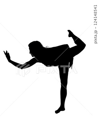 A silhouette of a woman performing yoga against a white background 124148541