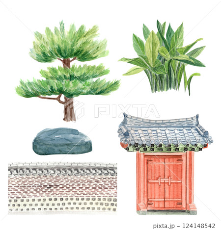 Asian style gates, wall, pine tree, decorative plant, stone watercolor set. Hand drawn illustrations perfect for cards, posters, landscape design, wallpaper. Korean traditional garden clip art Asian style gates, wall, pine tree, decorative plant, stone watercolor set. Hand drawn illustrations perfect for cards, posters, landscape design, wallpaper. Korean traditional garden clip art 124148542