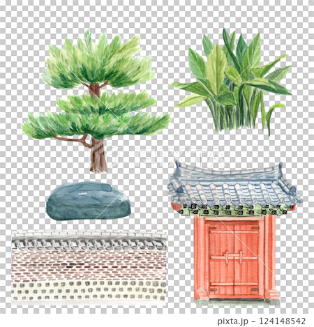 Asian style gates, wall, pine tree, decorative plant, stone watercolor set. Hand drawn illustrations perfect for cards, posters, landscape design, wallpaper. Korean traditional garden clip art Asian style gates, wall, pine tree, decorative plant, stone watercolor set. Hand drawn illustrations perfect for cards, posters, landscape design, wallpaper. Korean traditional garden clip art 124148542