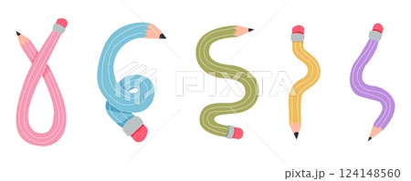 Twisted curved comic pencil doodle sketchy. Line hand drawn simple pencil. Funky flexible school supplies. Trendy writing tool 124148560