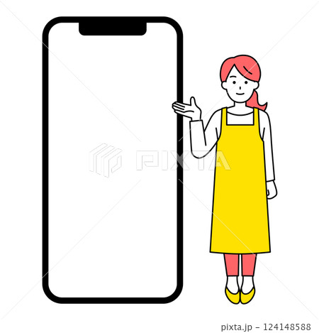 空白の画面のスマートフォンとエプロン姿の女性 空白の画面のスマートフォンとエプロン姿の女性 124148588