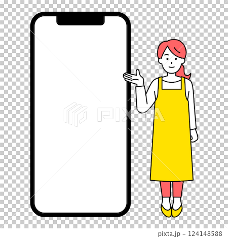 空白の画面のスマートフォンとエプロン姿の女性 空白の画面のスマートフォンとエプロン姿の女性 124148588