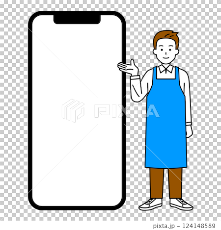 穿著圍裙、手拿空白螢幕智慧型手機的男子 穿著圍裙、手拿空白螢幕智慧型手機的男子 124148589