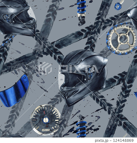 Seamless pattern with helmet, chain, visor and speedometer, damper and tire tracks. Biker Moto gear. Watercolor Illustration, black splatters on grey background. For merchandise, poster, packaging 124148869