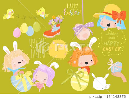 Happy Easter Set with Cute Girls and Easter Elements Happy Easter Set with Cute Girls and Easter Elements 124148876