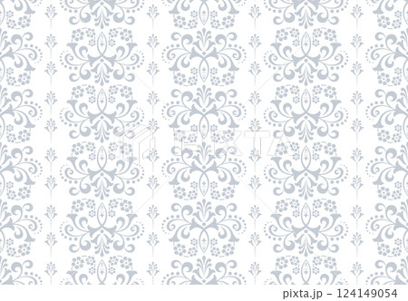 Wallpaper in the style of Baroque. White and gray floral ornament. Seamless vector background. Graphic pattern for fabric, wallpaper, packaging. Ornate Damask flower illustration Wallpaper in the style of Baroque. White and gray floral ornament. Seamless vector background. Graphic pattern for fabric, wallpaper, packaging. Ornate Damask flower illustration 124149054