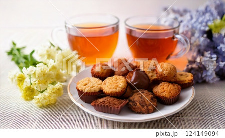 チョコレート・クッキーと紅茶、花バック チョコレート・クッキーと紅茶、花バック 124149094