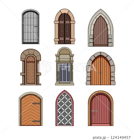 ancient medieval door set cartoon vector illustration 124149457