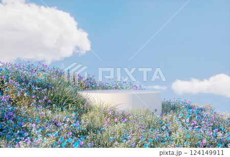 Abstract spring flowers landscape scene with white podium and soap bubbles. 3d rendering. 124149911