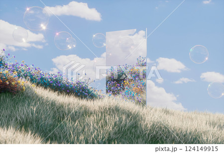 Abstract spring flowers landscape scene with mirror reflection and soap bubbles. 3d rendering. Abstract spring flowers landscape scene with mirror reflection and soap bubbles. 3d rendering. 124149915