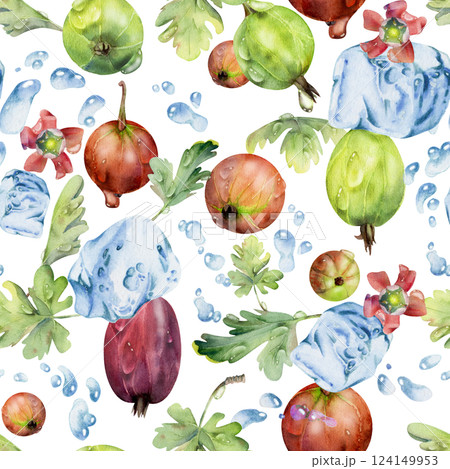 Gooseberry Currant berries flying in water splash with flowers leaves, ice cubes dew drops, ripe garden juneberry casseille. Isolated seamless pattern hand drawn in watercolor. Craft drinks, grocery Gooseberry Currant berries flying in water splash with flowers leaves, ice cubes dew drops, ripe garden juneberry casseille. Isolated seamless pattern hand drawn in watercolor. Craft drinks, grocery 124149953