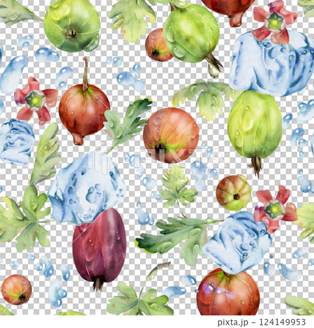 Gooseberry Currant berries flying in water splash with flowers leaves, ice cubes dew drops, ripe garden juneberry casseille. Isolated seamless pattern hand drawn in watercolor. Craft drinks, grocery 124149953