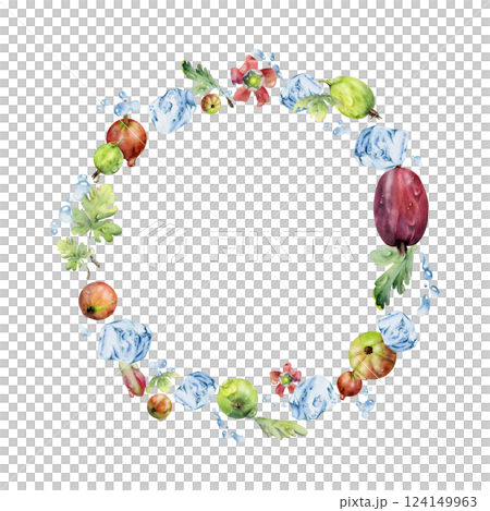Gooseberry Currant berries flying in water splash with green leaves, flowers, dew drops ice cubes, wreath hand drawn in watercolor. Ripe garden casseille. Isolated circle frame. Fresh grocery store Gooseberry Currant berries flying in water splash with green leaves, flowers, dew drops ice cubes, wreath hand drawn in watercolor. Ripe garden casseille. Isolated circle frame. Fresh grocery store 124149963
