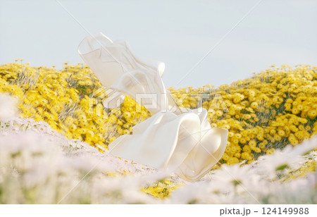 Abstract spring flowers landscape scene with white flying cloth. 3d rendering. 124149988