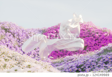 Abstract spring flowers landscape scene with white flying cloth. 3d rendering. 124149989