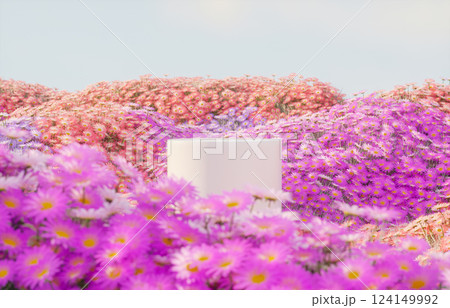 Abstract spring flowers landscape scene with white podium. 3d rendering. 124149992