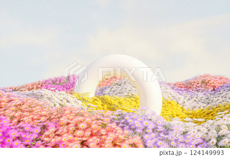 Abstract spring flowers landscape scene with white podium. 3d rendering. 124149993