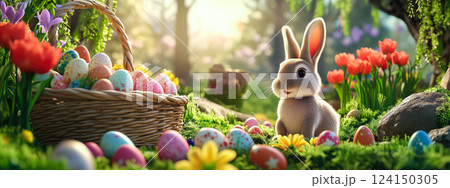 A rabbit sits beside colorful Easter eggs, symbolizing the joy and renewal of Easter celebrations. The concept of festivity, tradition, and the arrival of spring. 124150305