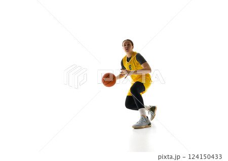 Determined athlete, female basketball player in motion win ball, showing full focus during match, playing isolated on white background Determined athlete, female basketball player in motion win ball, showing full focus during match, playing isolated on white background 124150433
