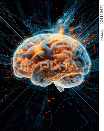A vibrant visualization of a brain with neural connections illuminated in glowing orange and blue. ADHD 124150479