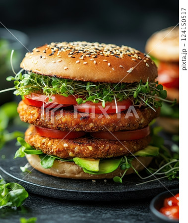 Mouthwatering Vegan Burger with Fresh Produce on Dark Background 124150517