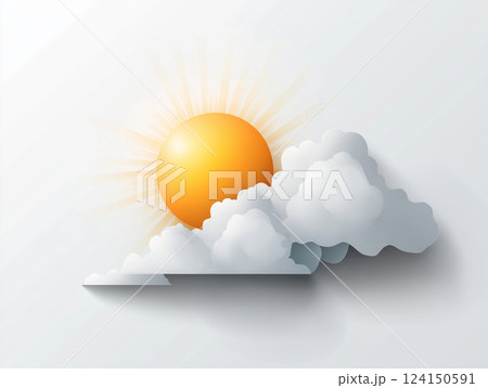 Minimalistic weather icon of a bright golden sun partially covered by soft white clouds 124150591