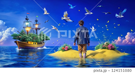 a man with birds on the beach 124151080