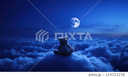 teddy bear sits on fluffy cloud under starry night sky, gazing at full moon 124151238