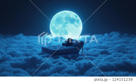 teddy bear rests on bed among soft clouds under glowing full moon at night 124151239