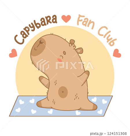 Cute capybara stretching on yoga mat. Cartoon kawaii animal sportsman yogi. Cool logo emblem Fan Club capibara. Funny meditation and fitness mascot character. Vector illustration 124151308