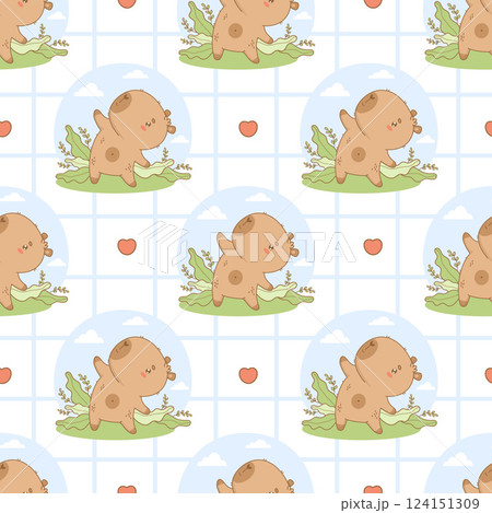 Seamless Pattern Cute capybara athlete doing Pilates stretching in nature. Funny cartoon kawaii animal yogi on checkered white background. Vector illustration. Sports hobby template 124151309