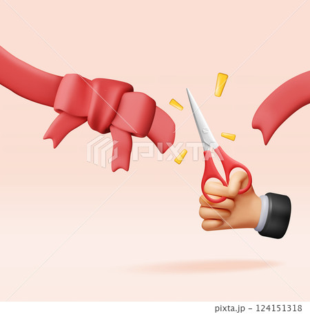 3D Hand with scissors cut red ribbon with bow 124151318