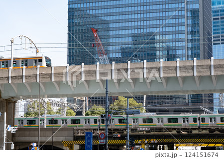 高層ビル街の高架を走る列車の風景 124151674