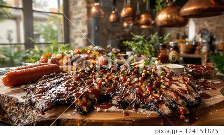 Savoring a traditional Argentine asado with meats and sides in a rustic atmosphere 124151825